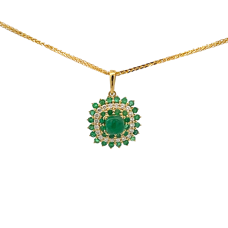 18K Gold Pendant Set in Emerald and Diamonds - Cushion shaped